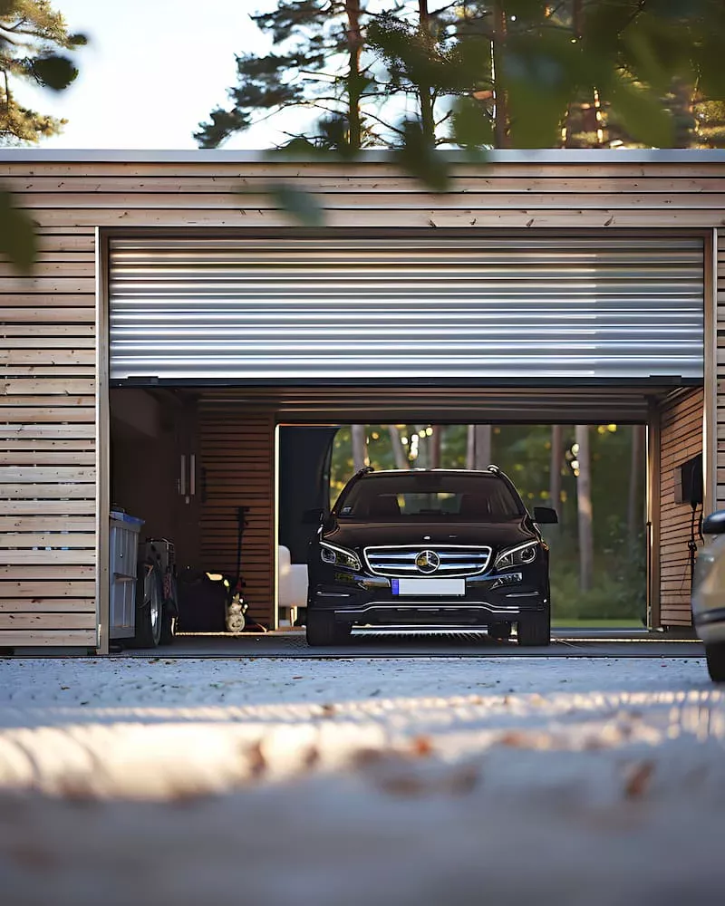 Ein schwarzes Auto steht in einer Holzgarage mit teilweise geöffnetem Tor, umgeben von einer Waldkulisse. Sonnenlicht fällt durch die Bäume und wirft Schatten auf den Boden. An der Seite ist ein Anhänger zu sehen.